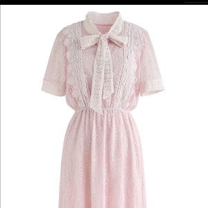 Bowknot Crochet Trim Lace Dress in Pink